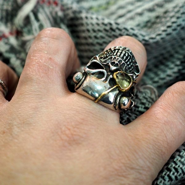 Skull Ring with Smoke Quartz